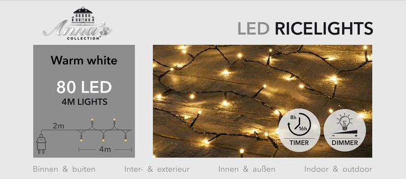 LED RICELIGHT 80L/4M WARM WHITE - 2MTR LEAD CABLE BLACK